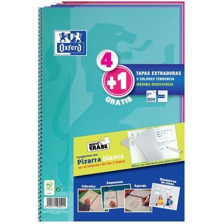 Oxford Cuaderno Espiral Write&Erase Folio 80 Hojas 4x4mm Pack 4+1 Colores Tendencia Oxford Cuaderno Espiral Write&Erase Folio 80 Hojas 4x4mm Pack 4+1 Colores Tendencia